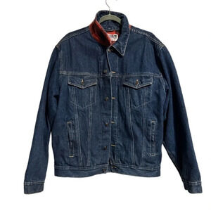 Vintage Rugged Wear BOG Denim Jacket Buffalo Plaid Lined Size L Y2K Trucker Htf